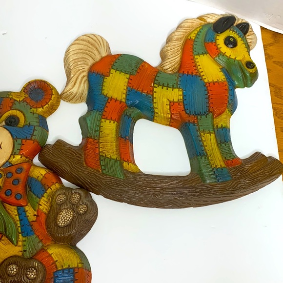 70’s Patchwork Collection | 2 Rocking Horses & 1 Teddy Bear Artwork Wall Hangs - Picture 4 of 13